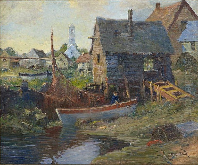 Pulling on to the Riverbank Oil Painting by George Ames Aldrich
