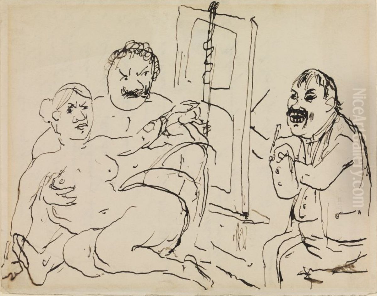 Selbstbildnis hinter der Staffelei mit Modellen Oil Painting by Lovis (Franz Heinrich Louis) Corinth