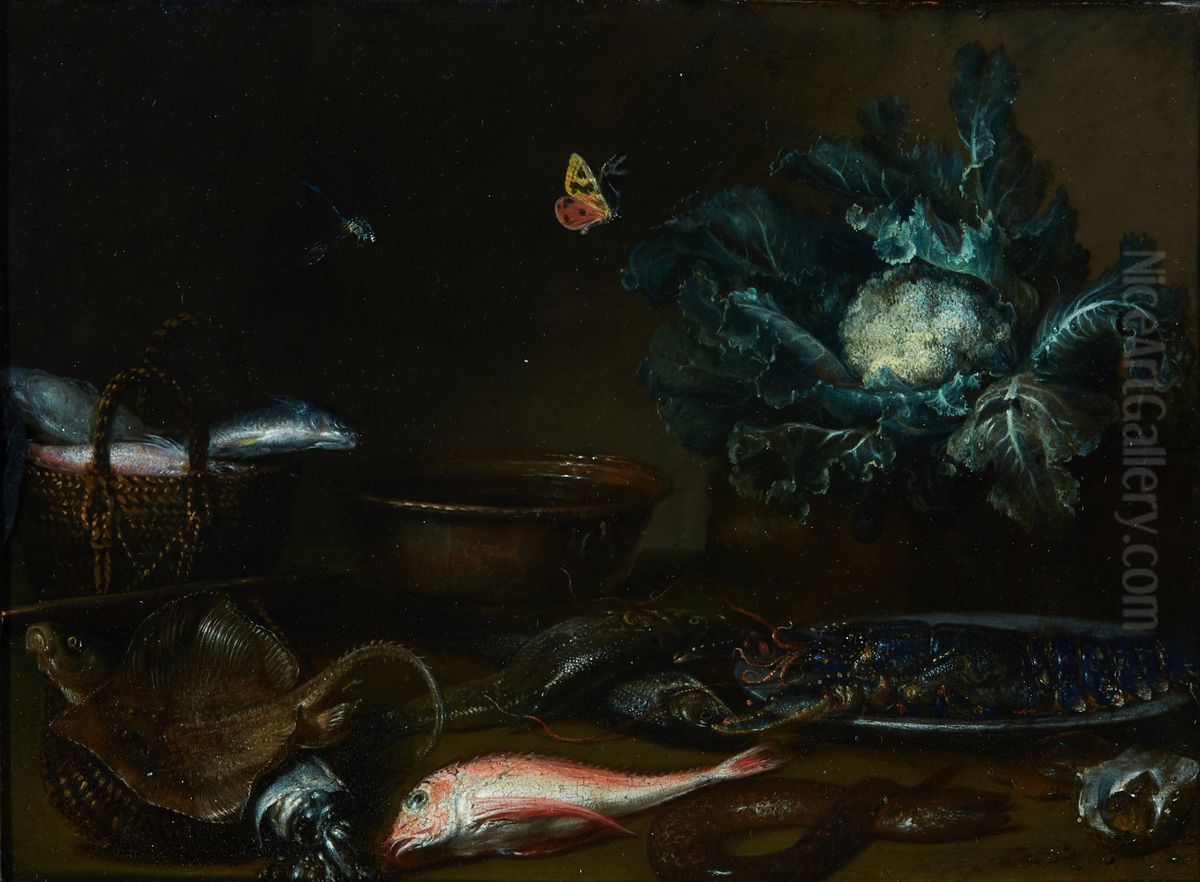 Kitchen still-life with fish, a lobster, and a cauliflower all on a table top, with a butterfly and a dragonfly Oil Painting by Otto Marseus van Schrieck