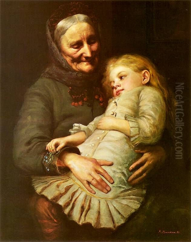 Grandmother with granddaughter Oil Painting by Aleksander Mroczkowski