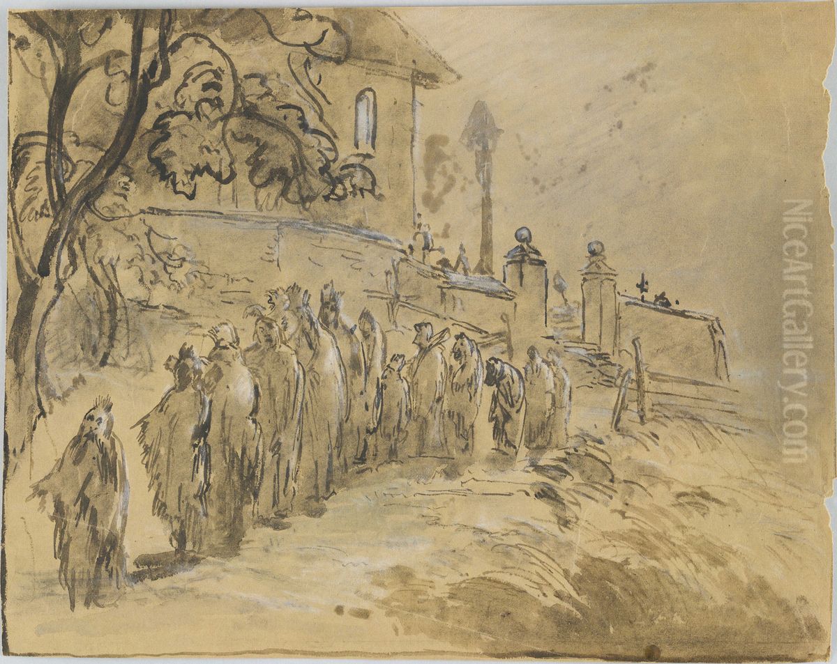 Participants du Haberfeldtreiben devant l'eglise Oil Painting by Johann Baptist Kirner