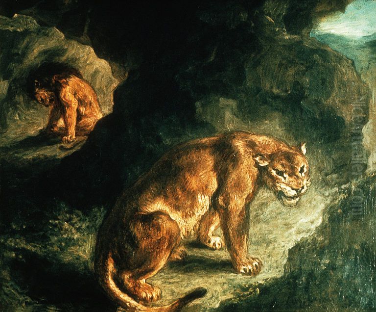 Lionne et lion dans leur antre Oil Painting by Eugene Delacroix