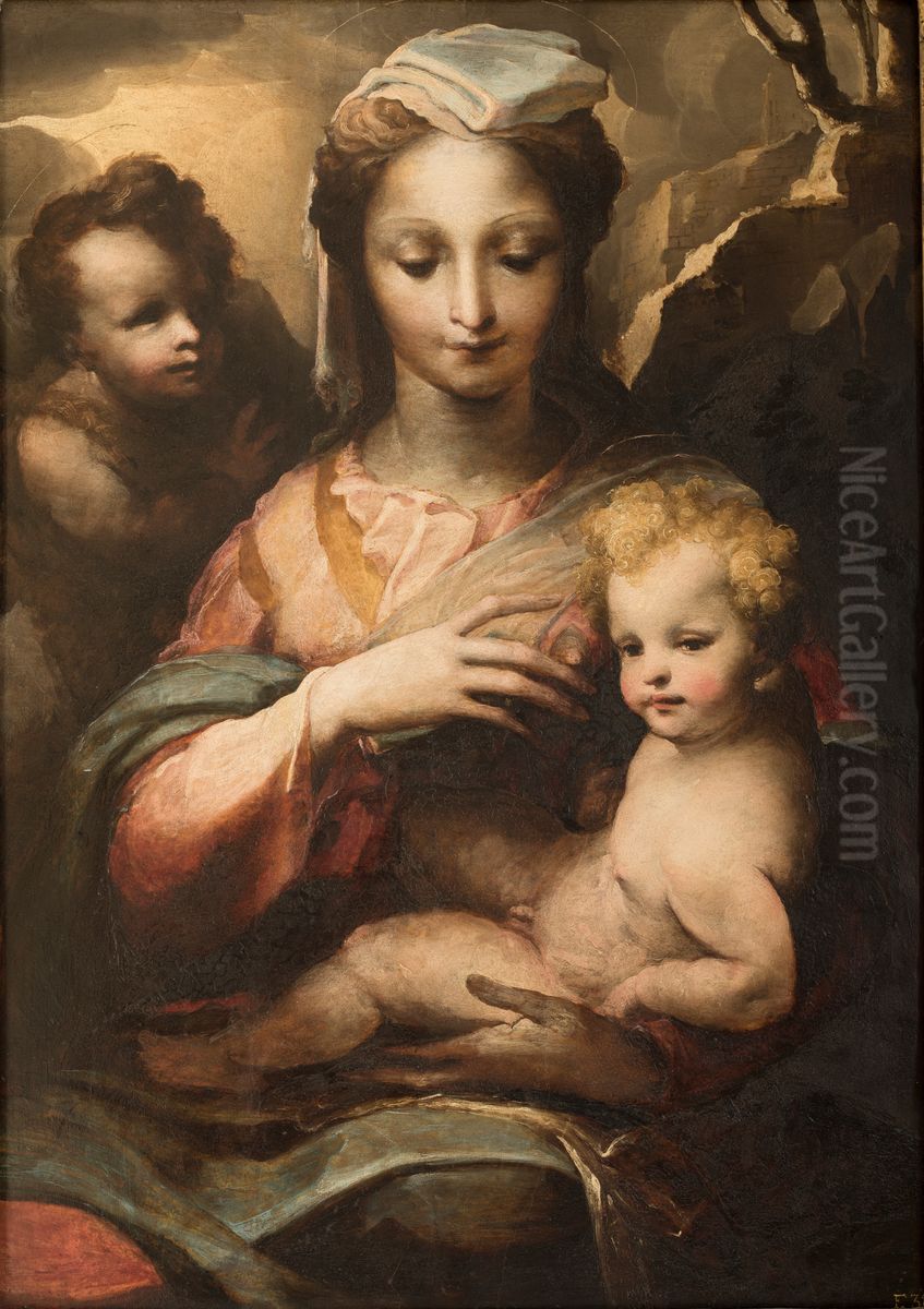 Virgin with the Child and infant Saint John the Baptist Oil Painting by Domenico Beccafumi