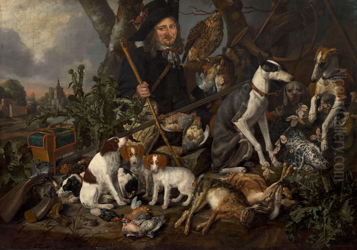 Gentleman hunter with his pack of dogs and hunting trophies Oil Painting by Carstian Luyckx