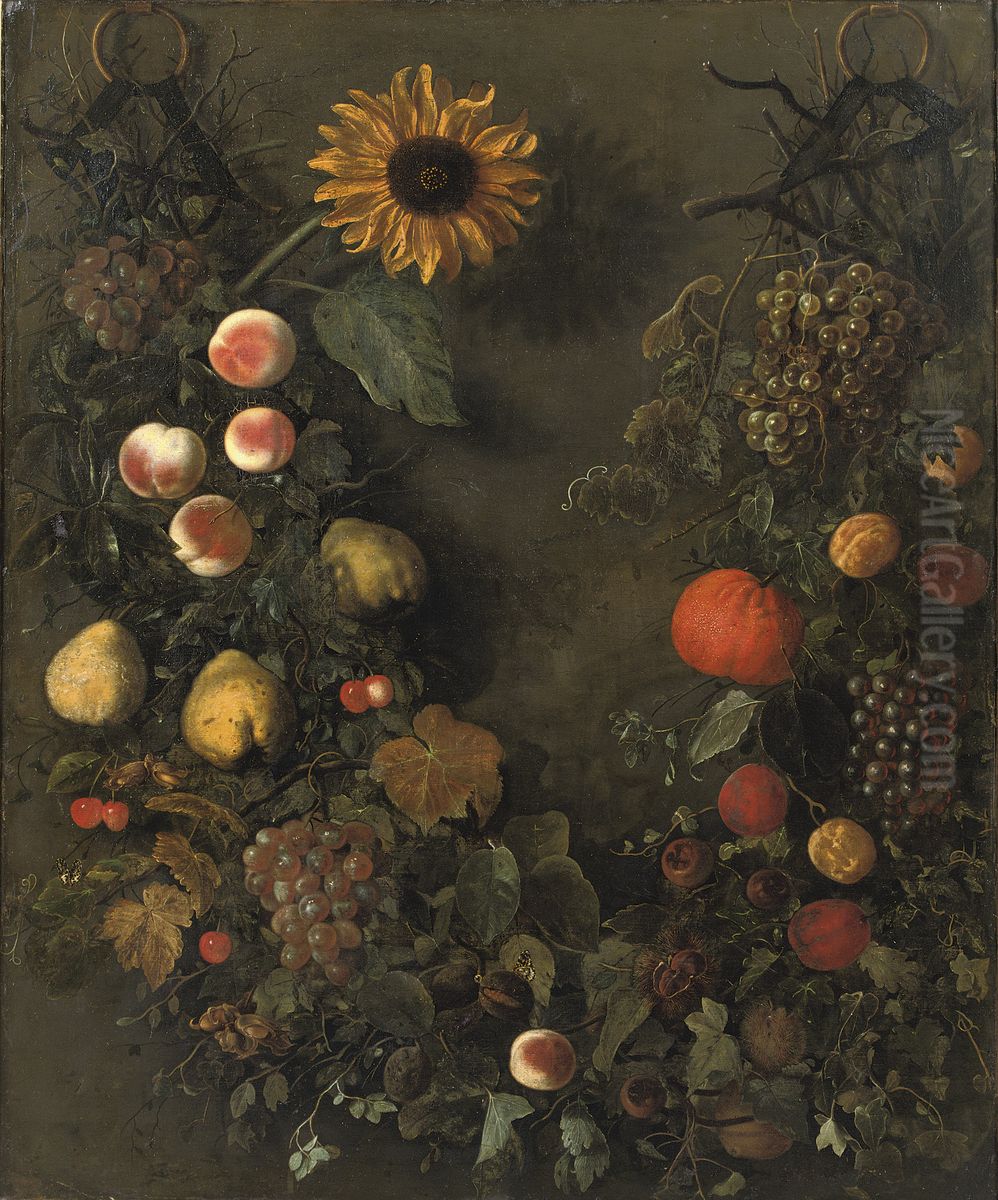 Fruit garland with grapes, peaches, mandarins, cherries, pears and other fruit, with butterflies and a sunflower Oil Painting by Cornelis Kick