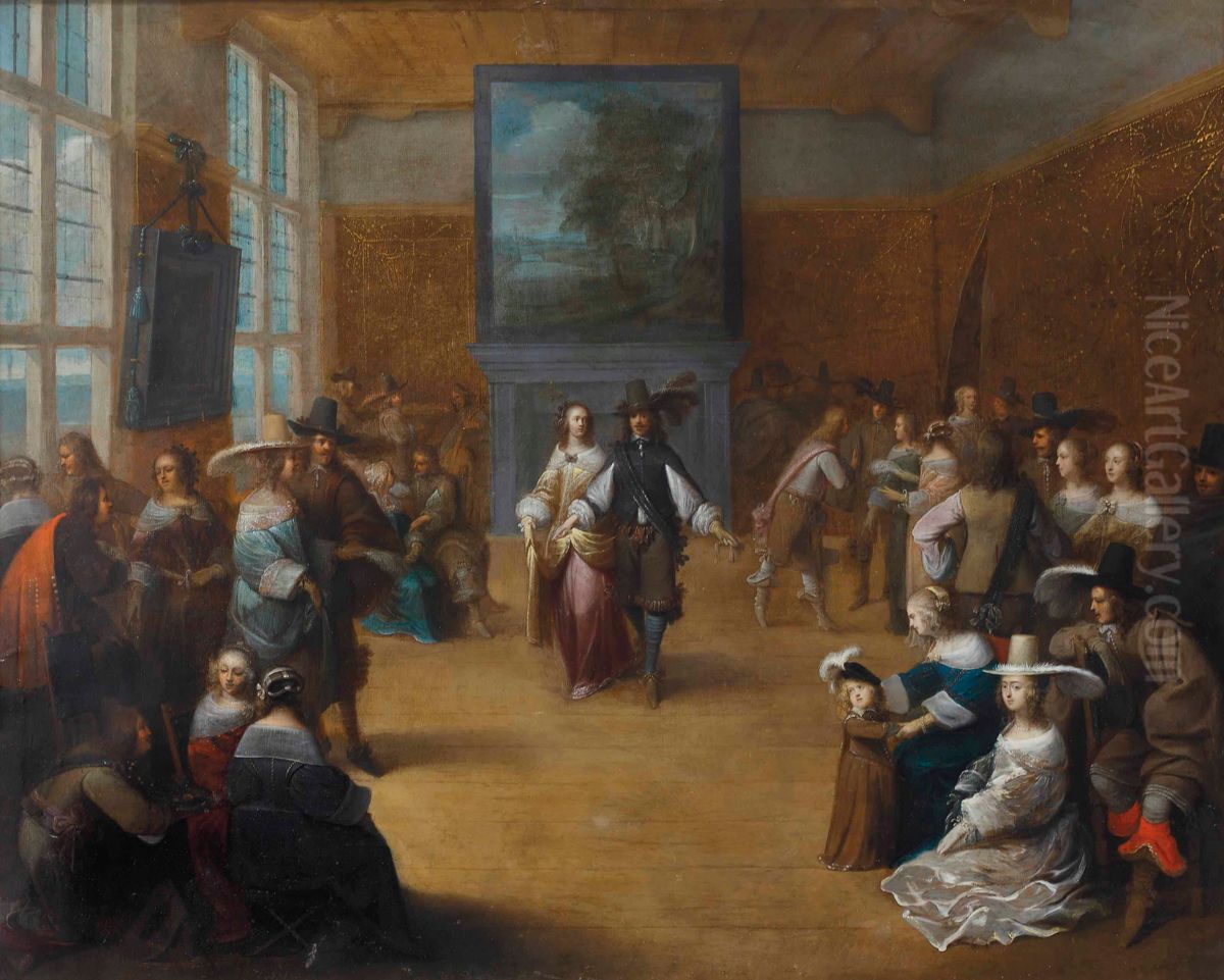 An elegant party in a palace interior with figures conversing and dancing Oil Painting by Hieronymus Janssens