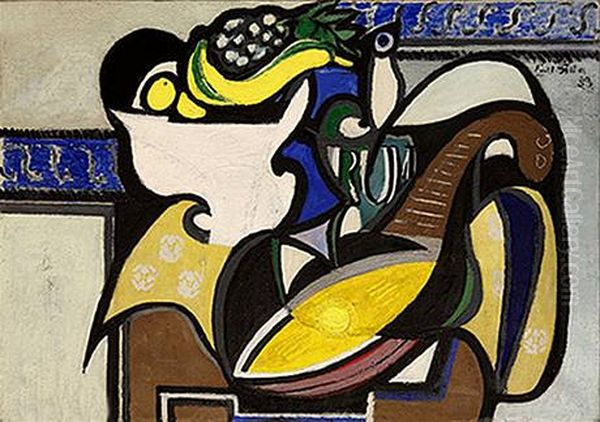 Zatisi s mandolinou a miskou ovoce Oil Painting by Emil Filla