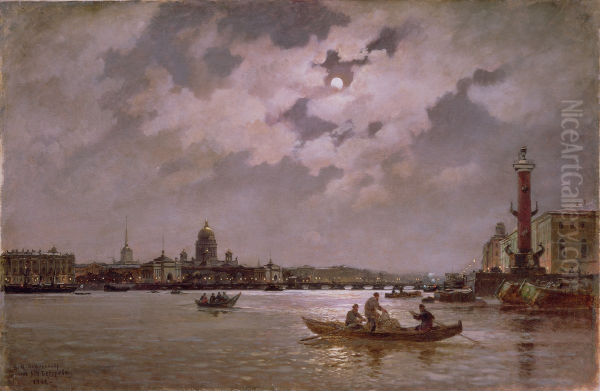 View of the Neva and the Admiralteyskaya Embankment by Moonlight Oil Painting by Alexander Beggrov