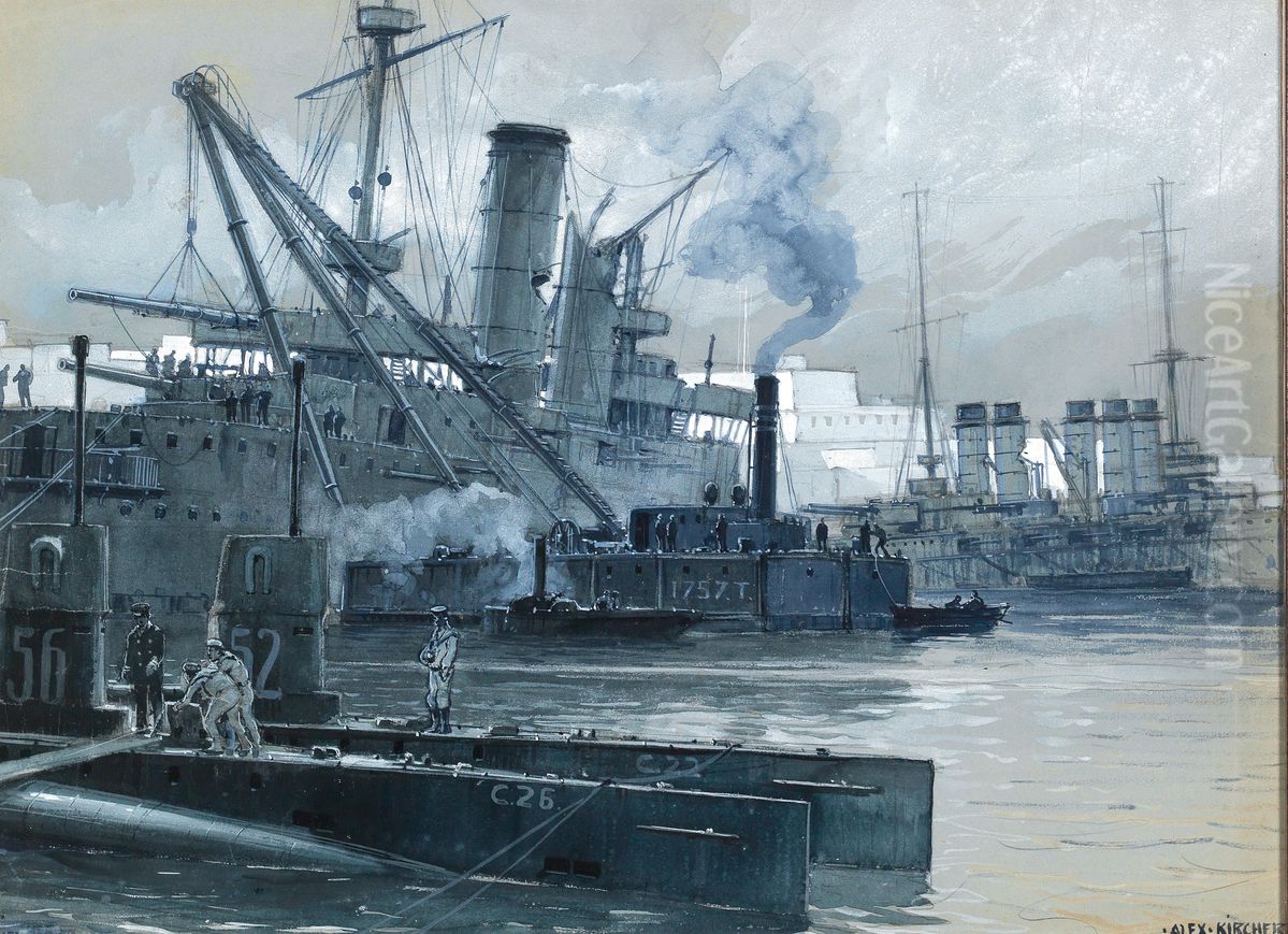 Near the Dardanelles, English and French war ships in the harbour of Malta Oil Painting by Alexander Kircher