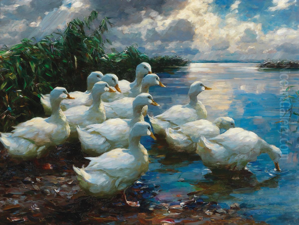 Ducks by a lake Oil Painting by Alexander Koester