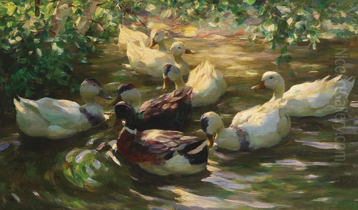 Ducks on a Pond Oil Painting by Alexander Koester