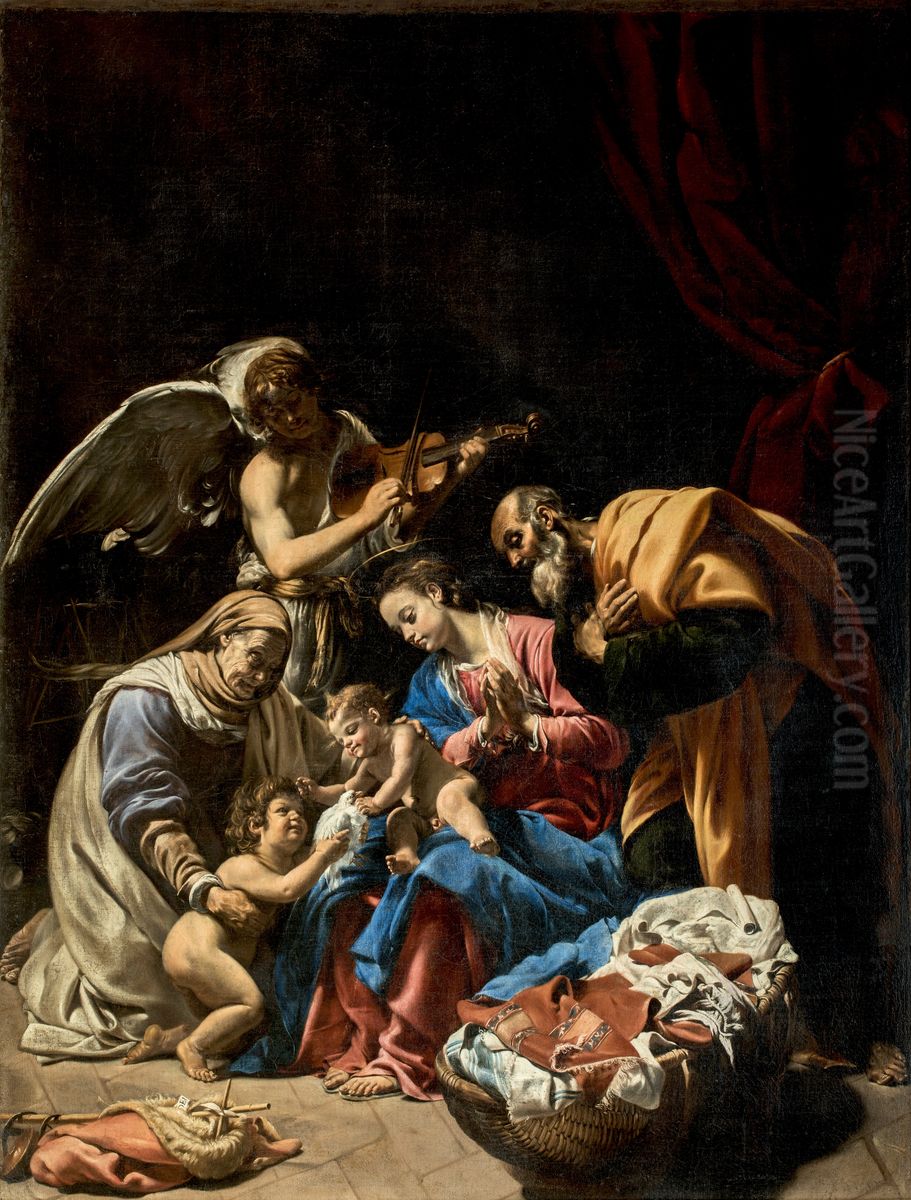 Holy Family with Saint Elizabeth, the Infant Saint John and an Angel Oil Painting by Orazio Borgianni