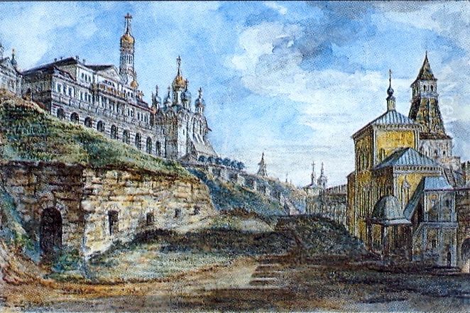 View of the Sovereign's Palace and the Church of the Annunciation in the Food yard Oil Painting by Fyodor Alekseyev