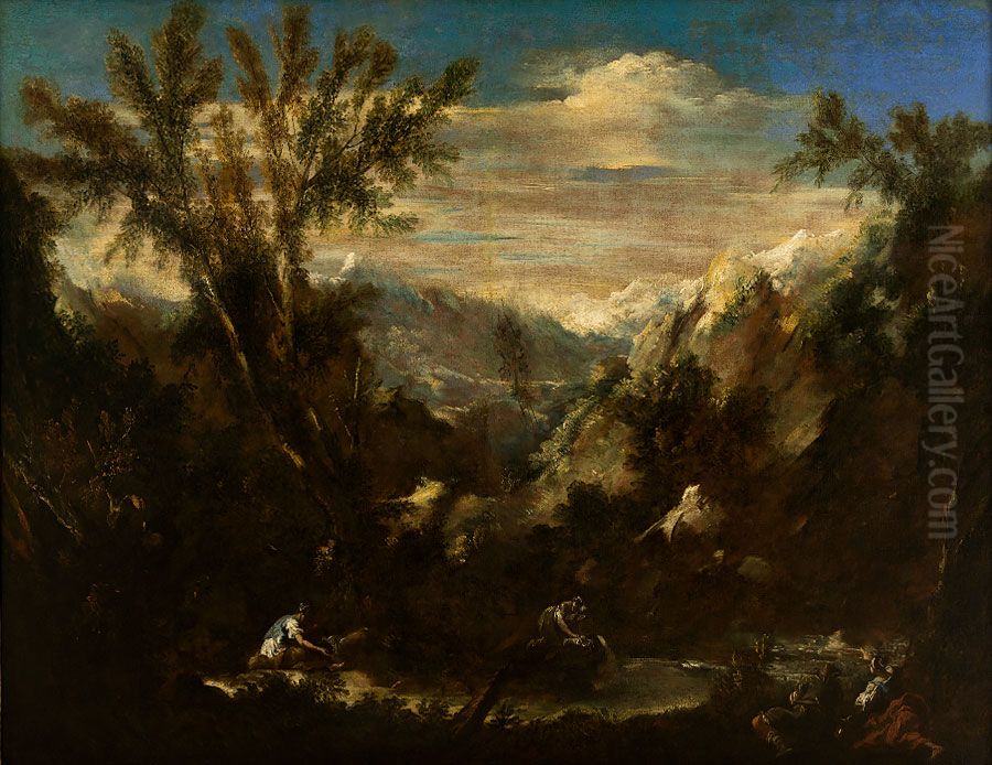 Alpine landscape with figures Oil Painting by Alessandro Magnasco