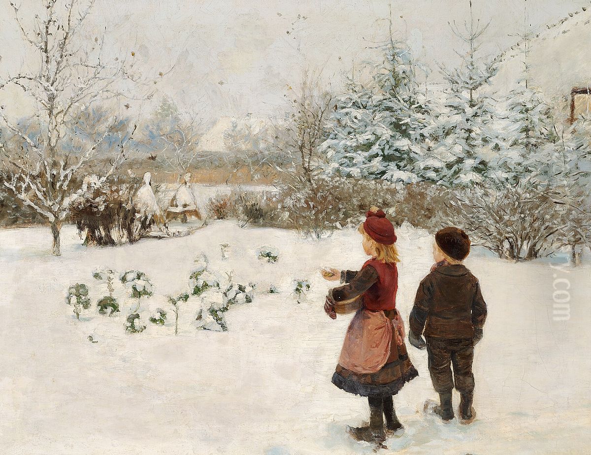 Two children feeding birds in the snow. Oil Painting by H. A. Brendekilde