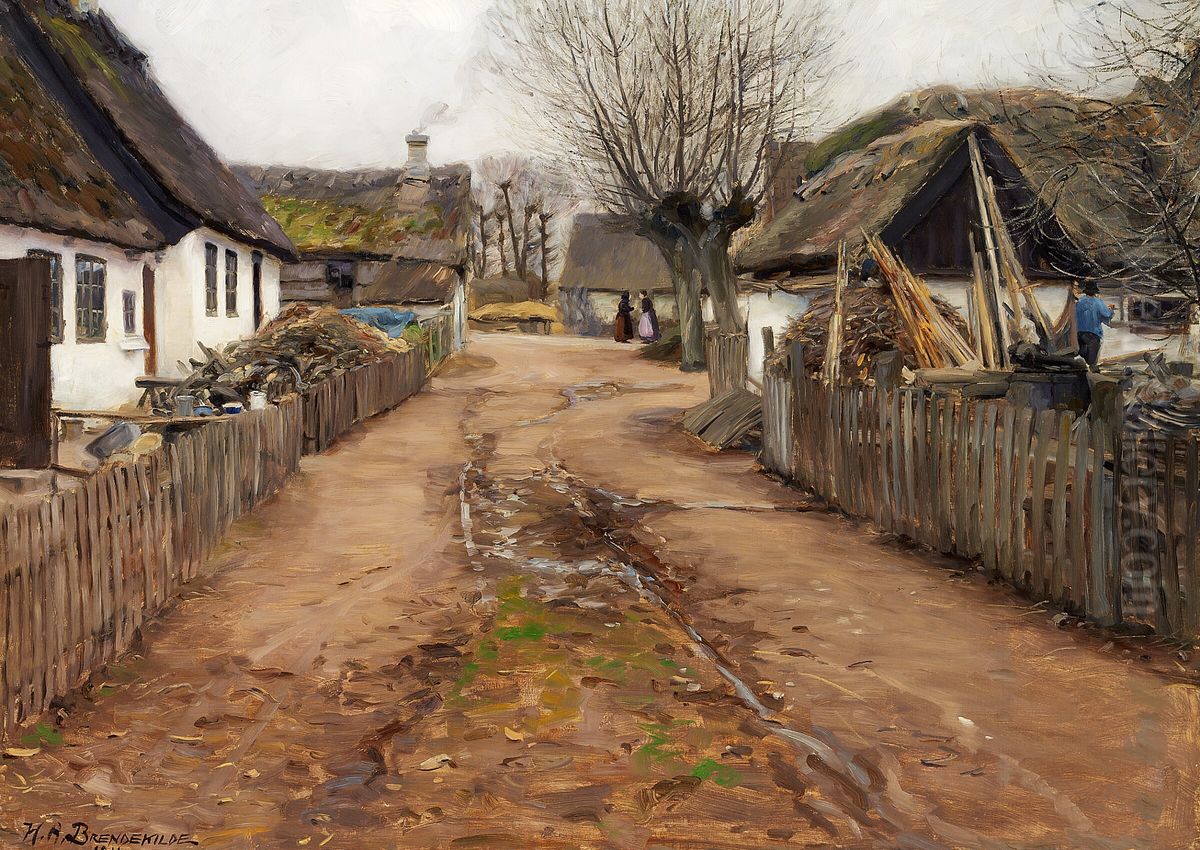 Village scene in the early spring. Oil Painting by H. A. Brendekilde