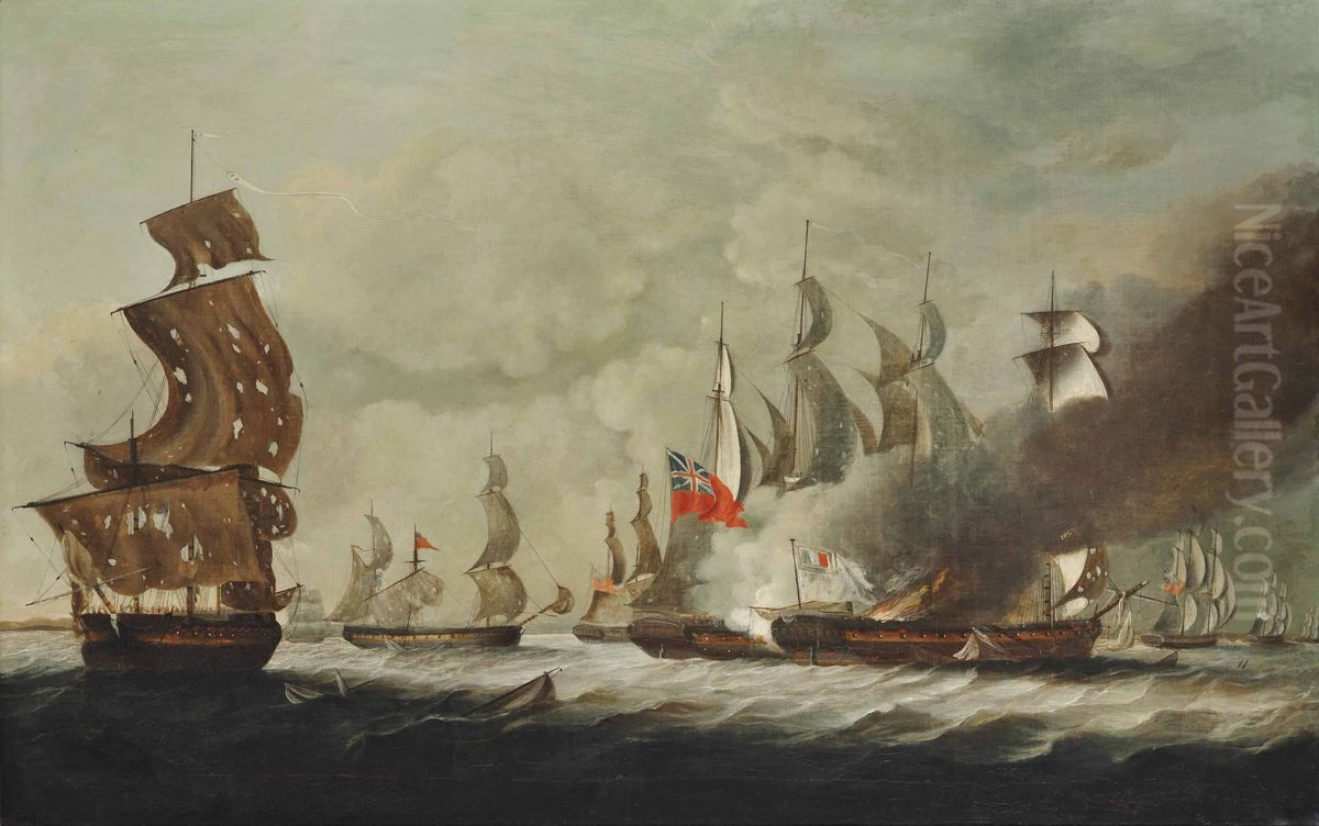 H.M. frigate Arethusa inflicting the final blows on the French frigate Pomone, 23 April 1794, off the Channel Islands Oil Painting by John Askew (artist)