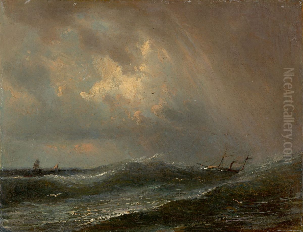 Stormy sea with capsizing ship Oil Painting by Robert Kummer