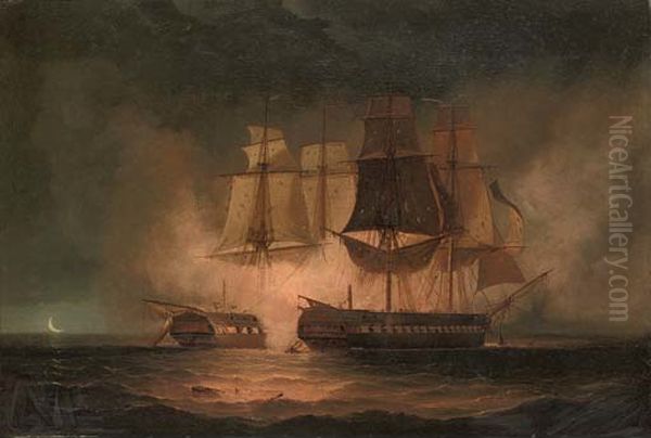 H.M.S. Amethyst taking the French frigate Thetis 10th November 1808 Oil Painting by Robert Dodd