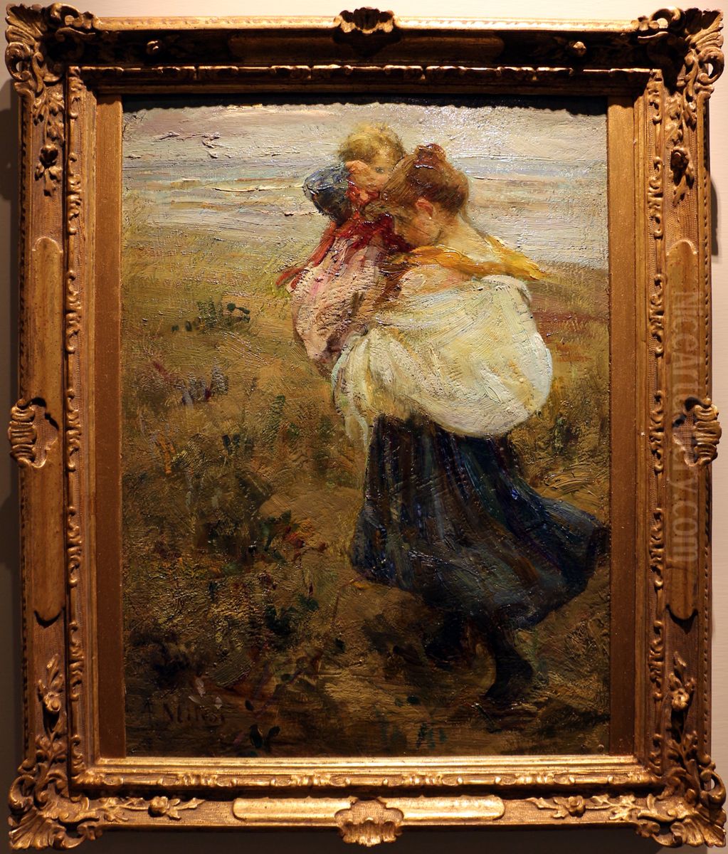 fanciulla con bambino in braccio Oil Painting by Alessandro Milesi