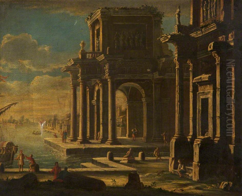 A Capriccio of Classical Buildings in a Port Oil Painting by Alessandro Salucci
