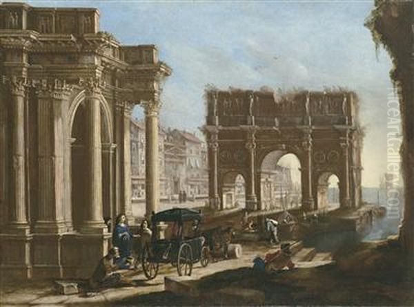 View of the Arch of Constantine with figures Oil Painting by Johannes Lingelbach