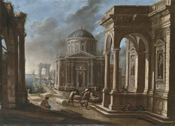 Architectural landscape with figures on a coast Oil Painting by Johannes Lingelbach