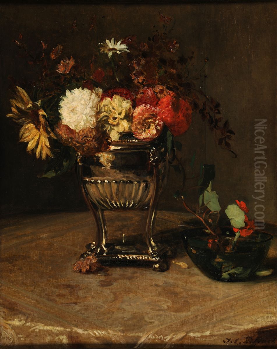 Dahlias et capucines a l'urne d'argent Oil Painting by unknown