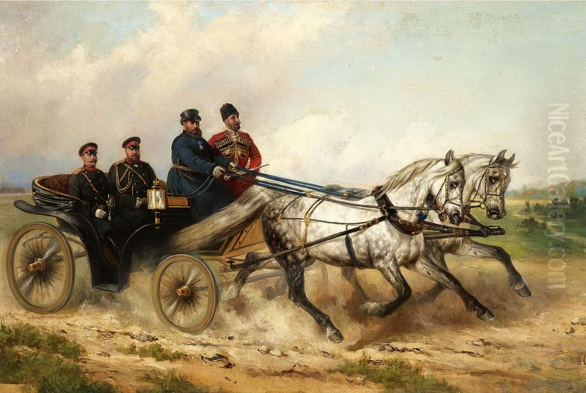 Tsar Alexander III in an open landau. Oil Painting by Nikolai Sverchkov