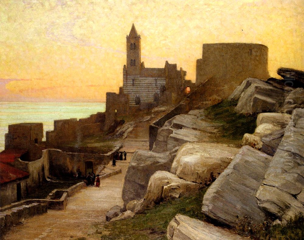 Mediterranean Village at Sunset (Portovenere in Italy) Oil Painting by Alexander Mann