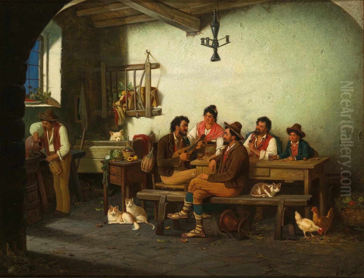 Group of people in a Roman tavern Oil Painting by Alexander Antonovich Rizzoni