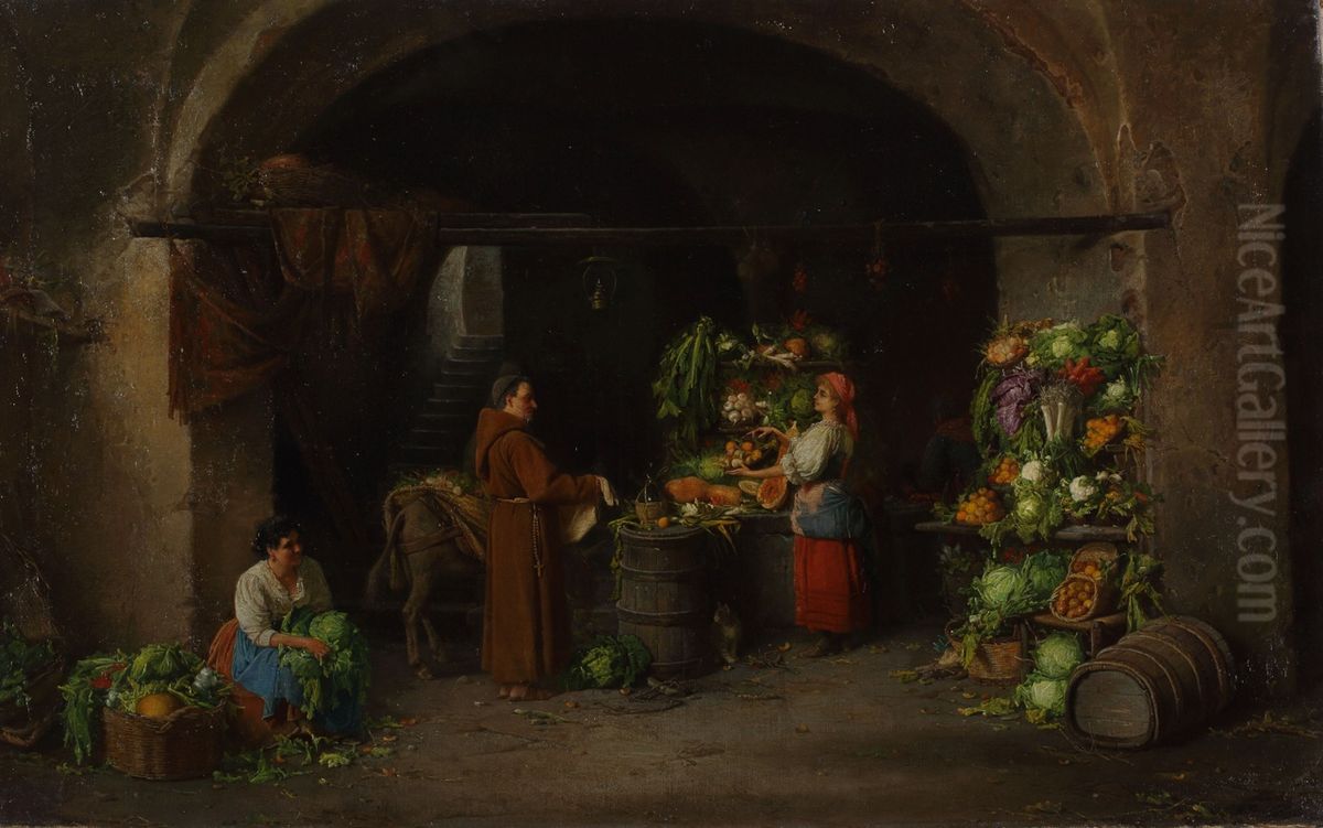 The Capuchin at the Greengrocery Stall Oil Painting by Alexander Antonovich Rizzoni