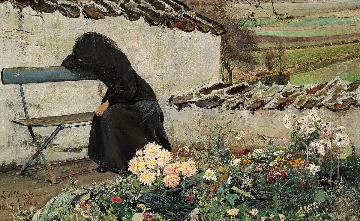 A young woman in black on a bench at the cemetary of Flong church. Oil Painting by Laurits Andersen Ring