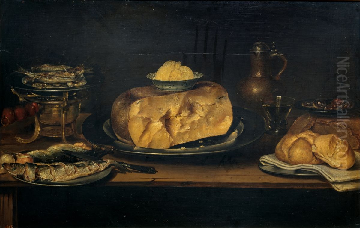Still life of a table with crockery, cheese, sausage and fish Oil Painting by Alexander Adriaenssen