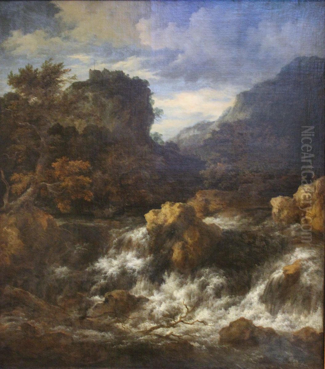 Waterfall with a castle on a hill Oil Painting by Jacob Van Ruisdael