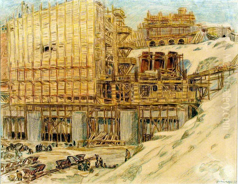 Construction of the Nivskaya Hydro Power Station. Murmansk region Oil Painting by Heinrich Vogeler