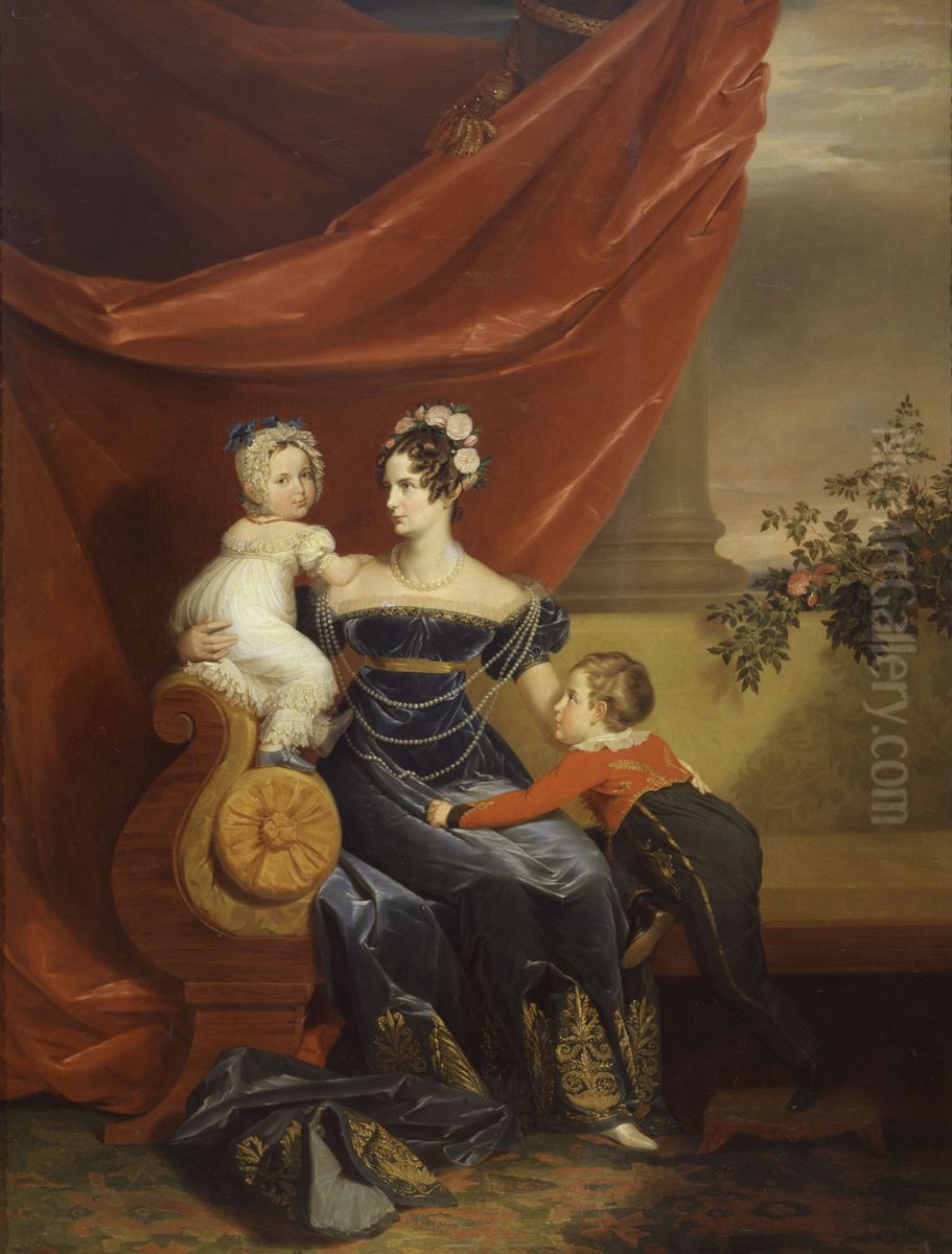 Portrait of the Empress Alexandra Feodorovna of Russia, nee Charlotte of Prussia with her two eldest children, Alexander and Maria Nikolaevna. Oil Painting by George Dawe