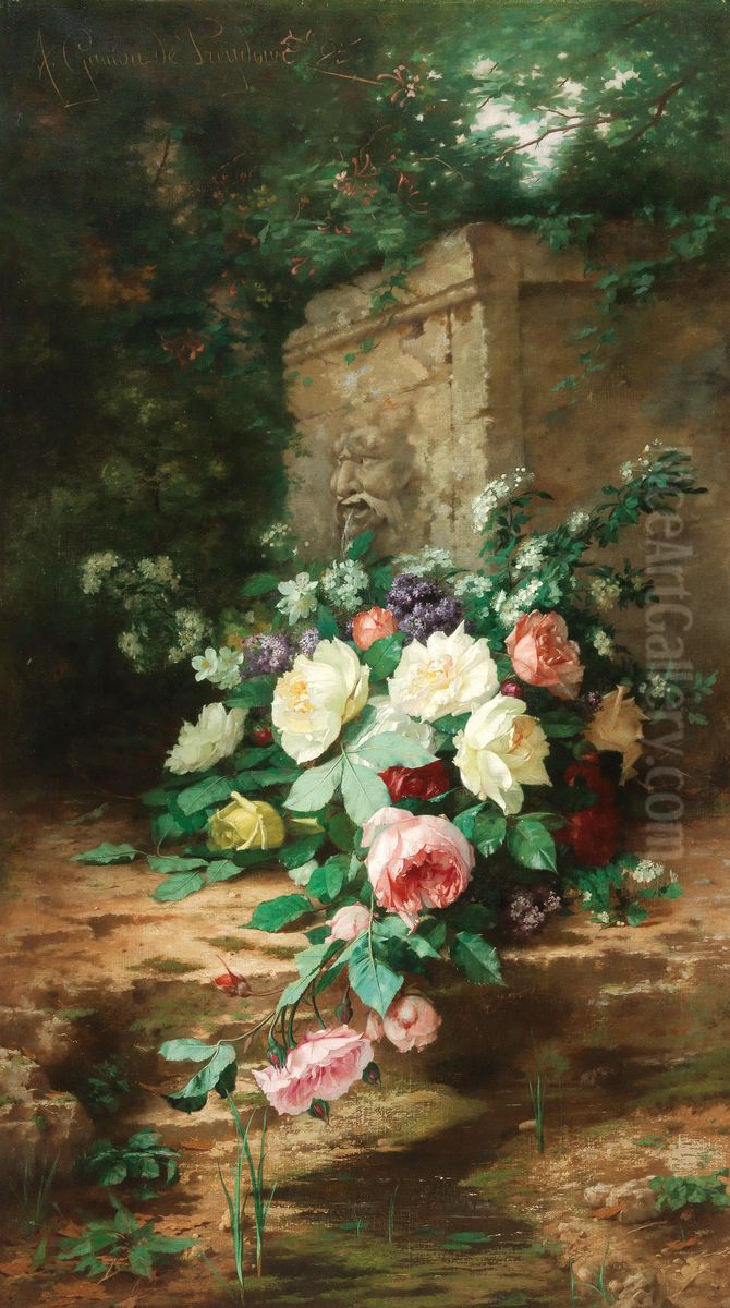 Flowers by an ancient fountain Oil Painting by Alexandre Gamba de Preydour