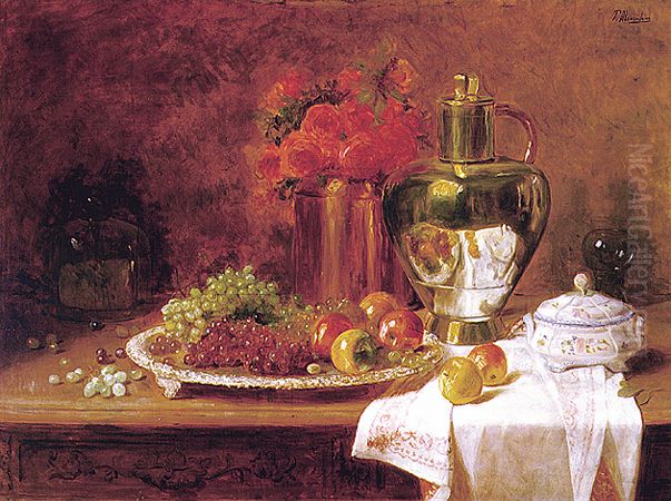 Apples and grapes Oil Painting by Pedro Alexandrino Borges