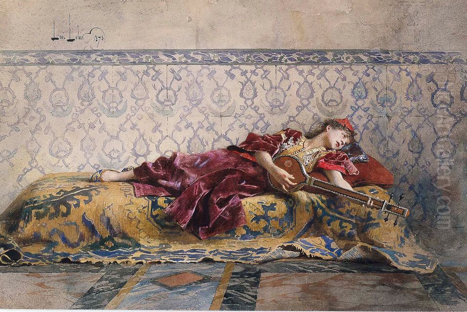 Moroccan Girl, Playing a Stringed Instrument Oil Painting by Alexander Louis Leloir