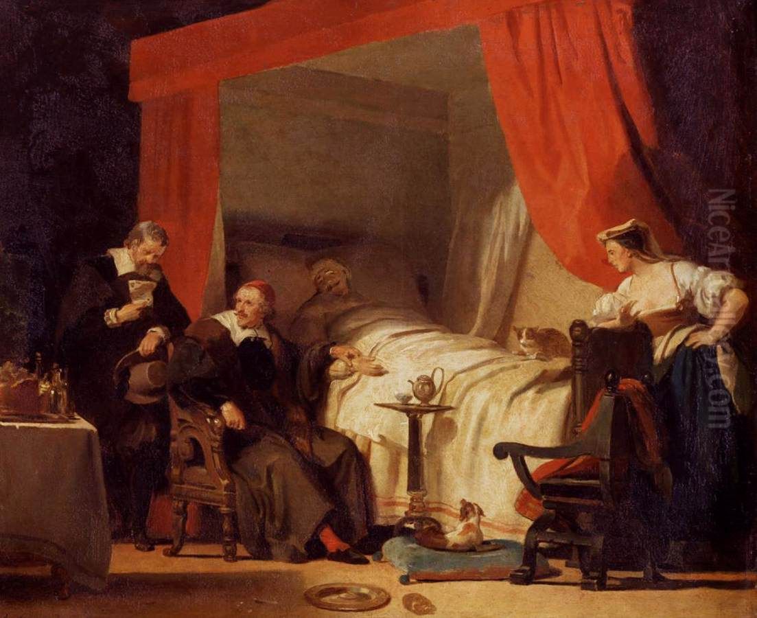 Cardinal Mazarin at the Deathbed of Eustache Le Sueur Oil Painting by Alexandre-Evariste Fragonard