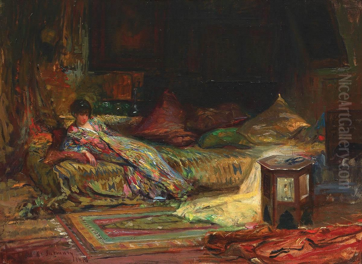 Interior oriental (Claudia Millian-Minulescu pozand in interior oriental) Oil Painting by Alexandru Satmari