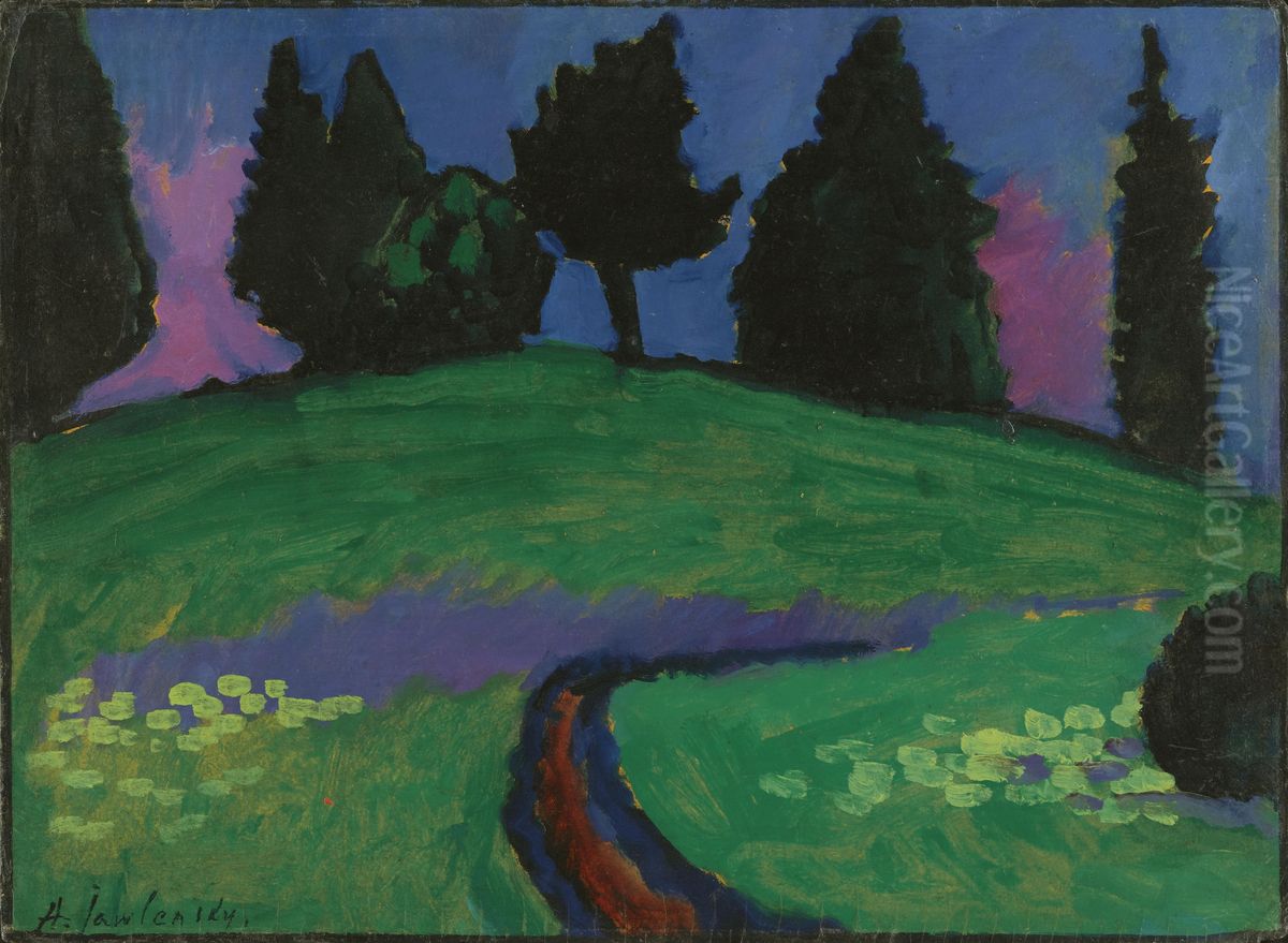 Dark trees over green slope Oil Painting by Alexei Jawlensky