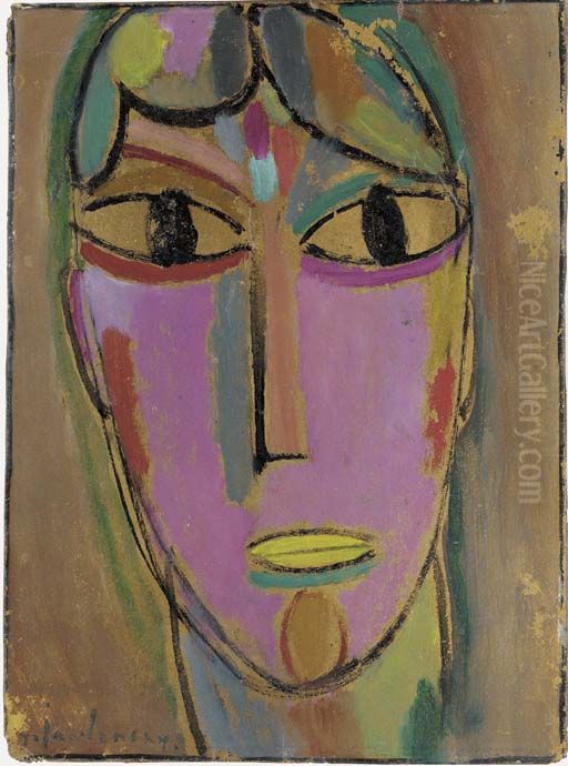 Woman's head- yellow mouth Oil Painting by Alexei Jawlensky