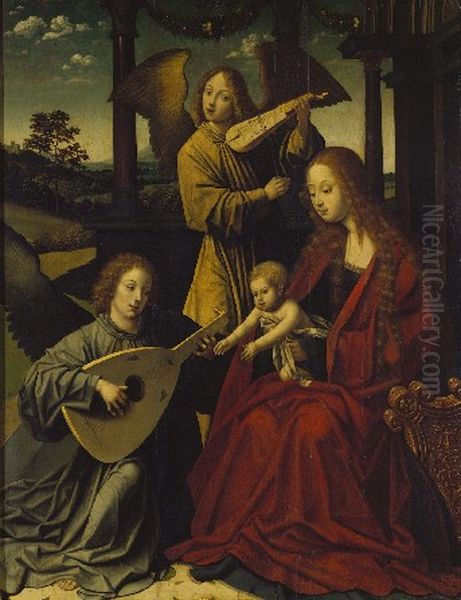 Maria met Kind en musicerende engelen Oil Painting by Master Of The Morrison Triptych