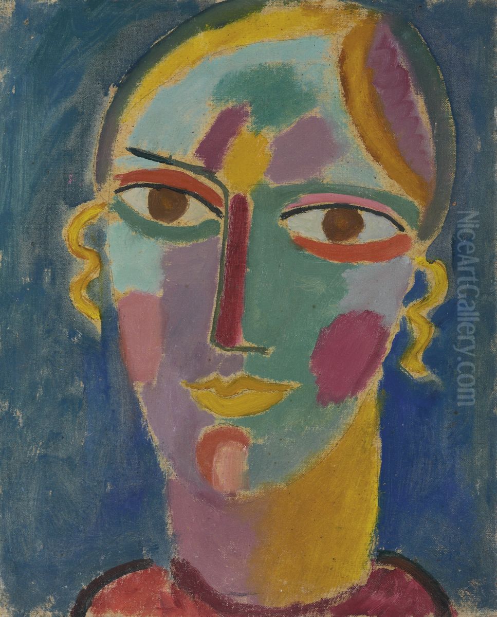 Mystischer Kopf: Frauenkopf auf blauem Grund Oil Painting by Alexei Jawlensky