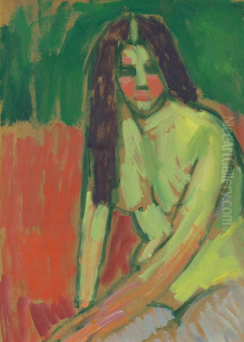 Half-nude figure with long hair sitting bent Oil Painting by Alexei Jawlensky