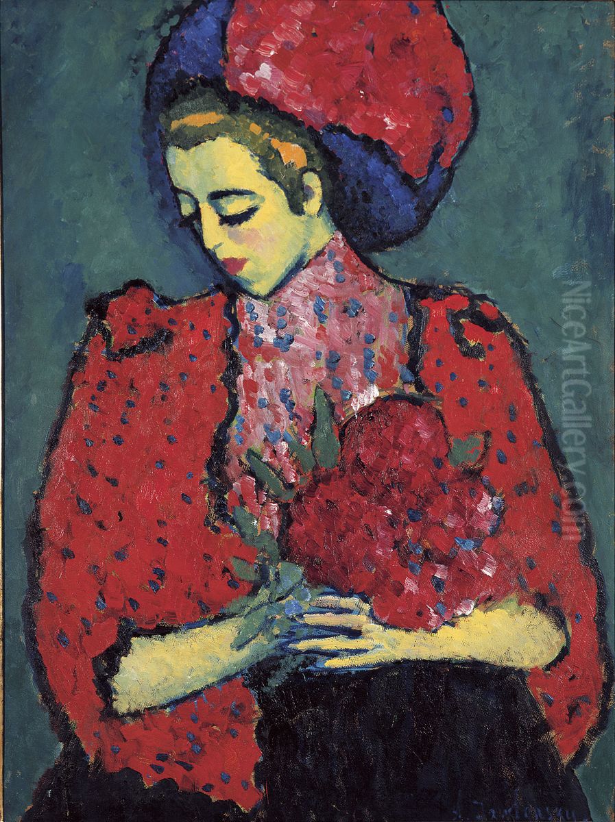 Young Girl with Peonies Oil Painting by Alexei Jawlensky