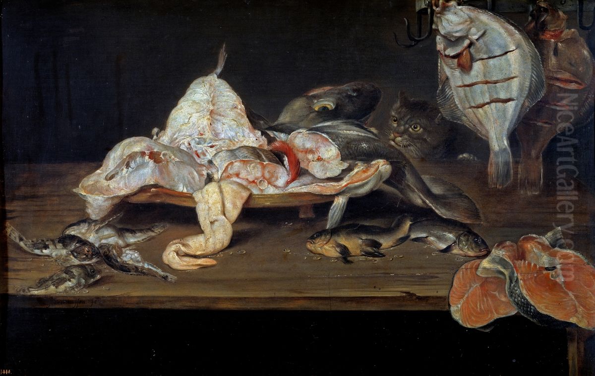 Still life with fish and a cat behind the table Oil Painting by Alexander Adriaenssen