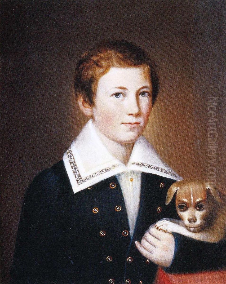 Alexander Albert Synnerberg koiranpennun kanssa. Oil Painting by Johan Erik Lindh